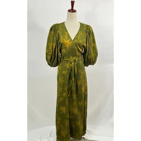 JUAN DE DIOS Sz M/L Ermita Wrap Around Midi Dress Green Palms Linen - Picture 2 of 16